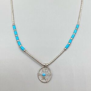 Vintage Liquid Silver Blue Bead Dreamcatcher Necklace